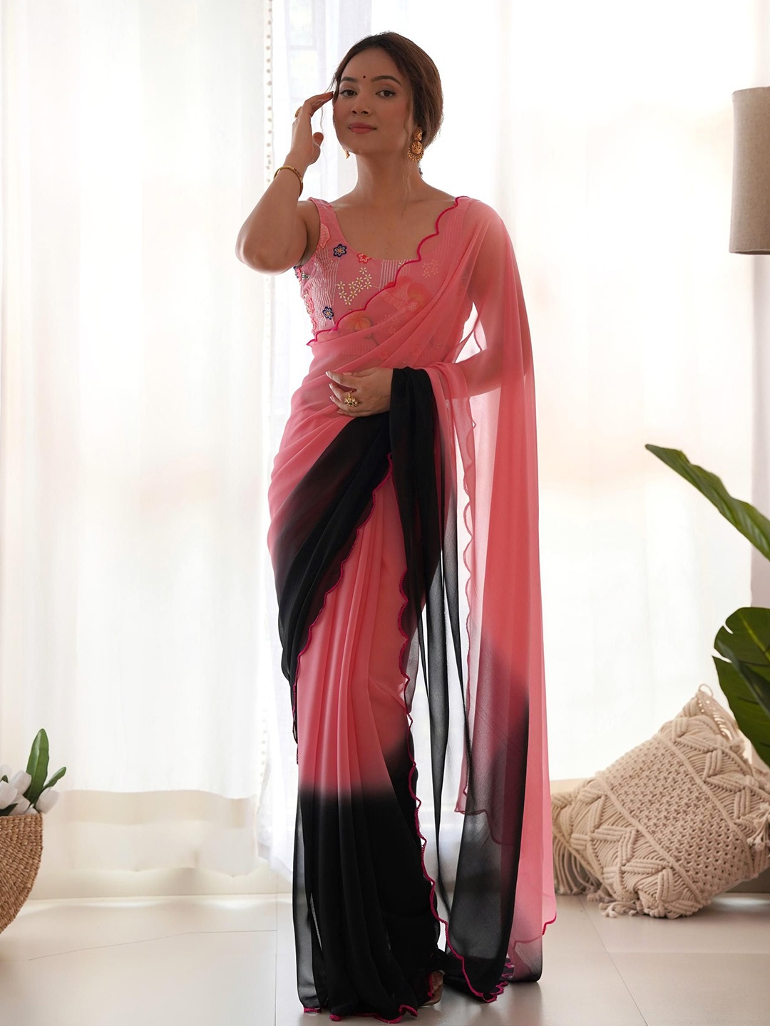 

Kalista Embellished Embroidered Pure Georgette Saree, Peach
