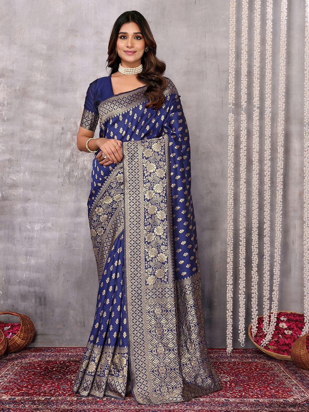 

KALINI Woven Design Floral Zari Traditional Banarasi Saree, Navy blue