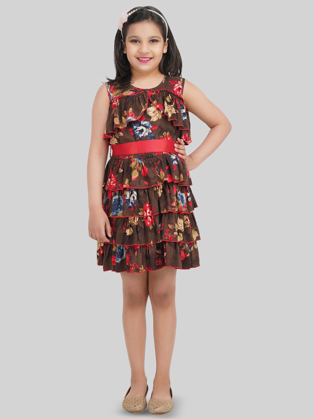 

BEING NAUGHTY Girls Floral Printed A-Line Dress, Brown