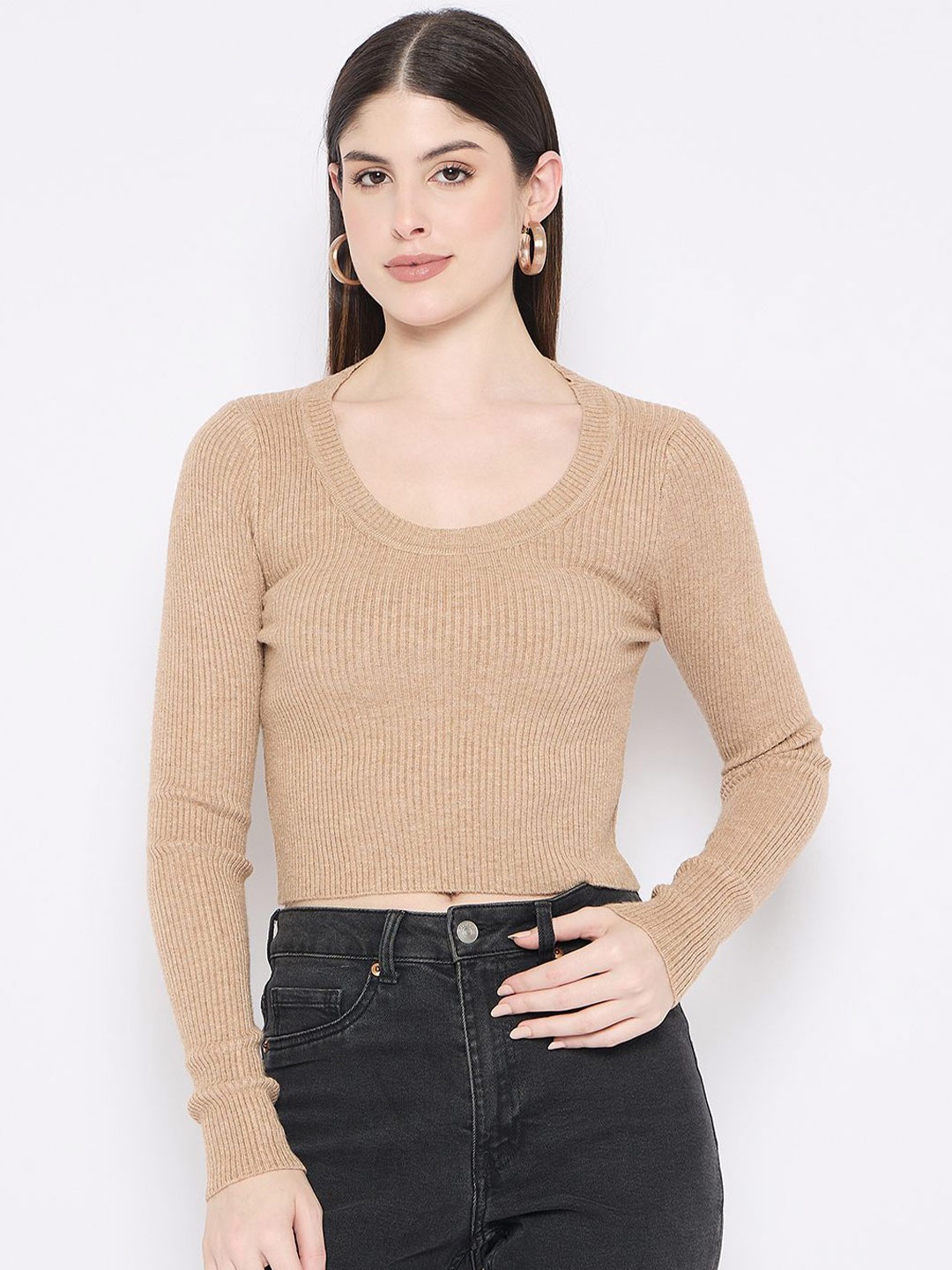 

Camey Women Ribbed Woollen Crop Pullover, Beige