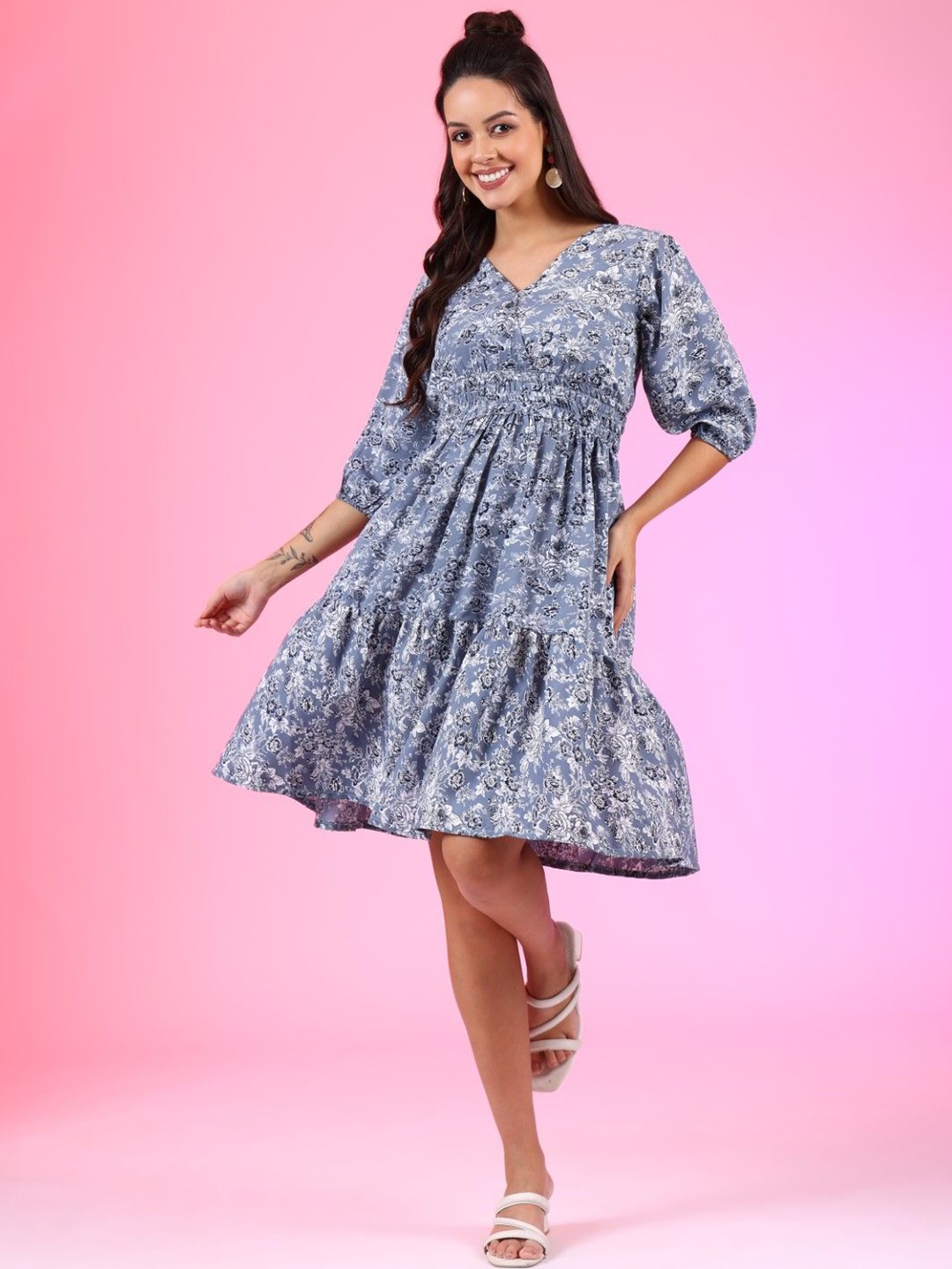 

Krunal Raiyani Women Printed V-Neck Fit & Flare Midi Dress, Turquoise blue