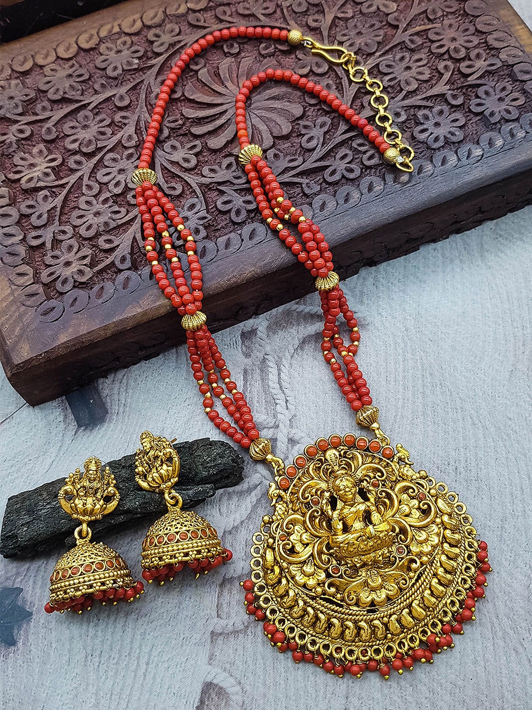 

GRIIHAM Gold-Plated Cubic Zirconia Studded & Beaded Lakshmi Goddess Jewellery Set