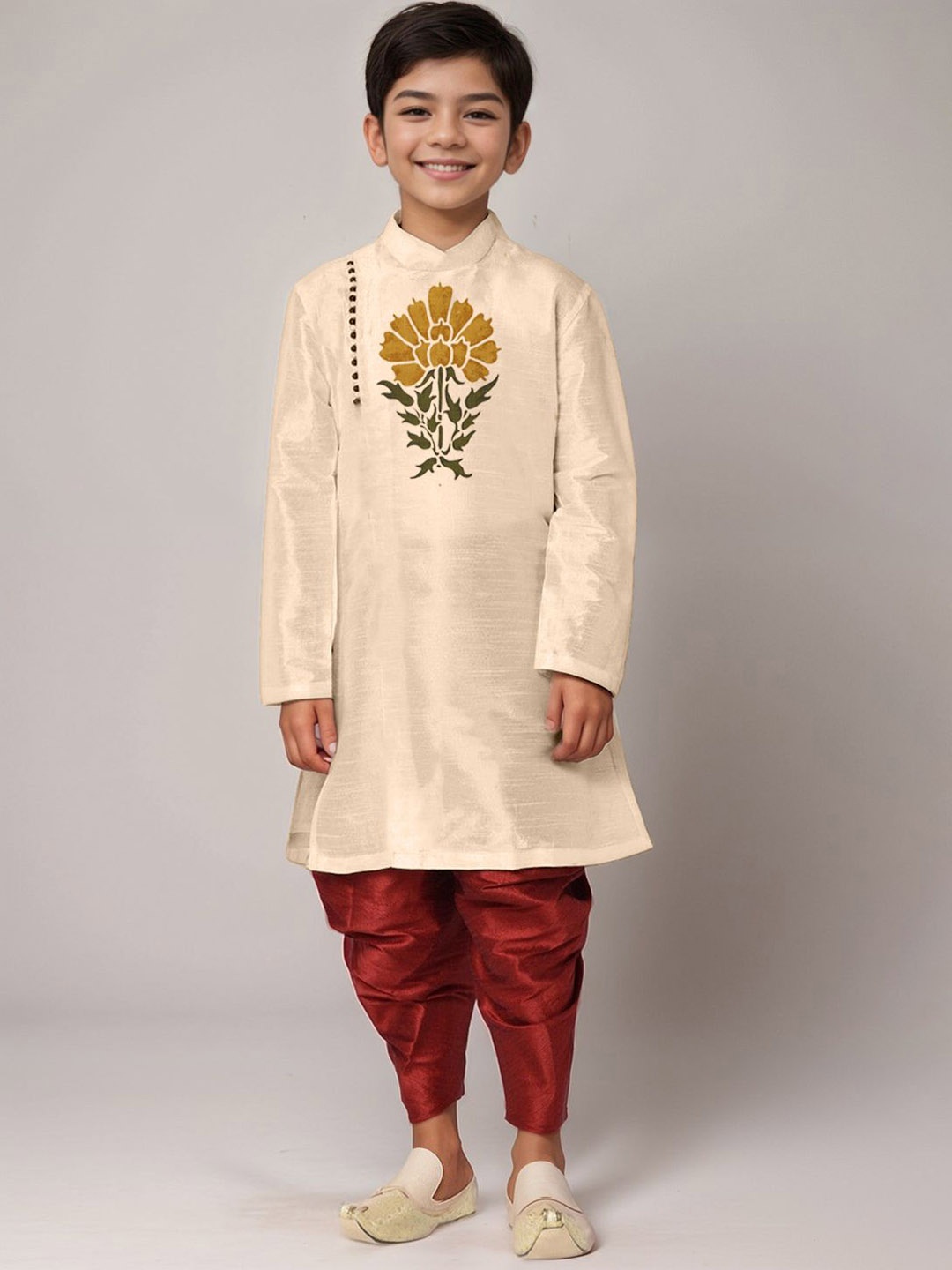 

DEVOILER Boys Ethnic Motifs Printed Thread Work Kurta, Beige