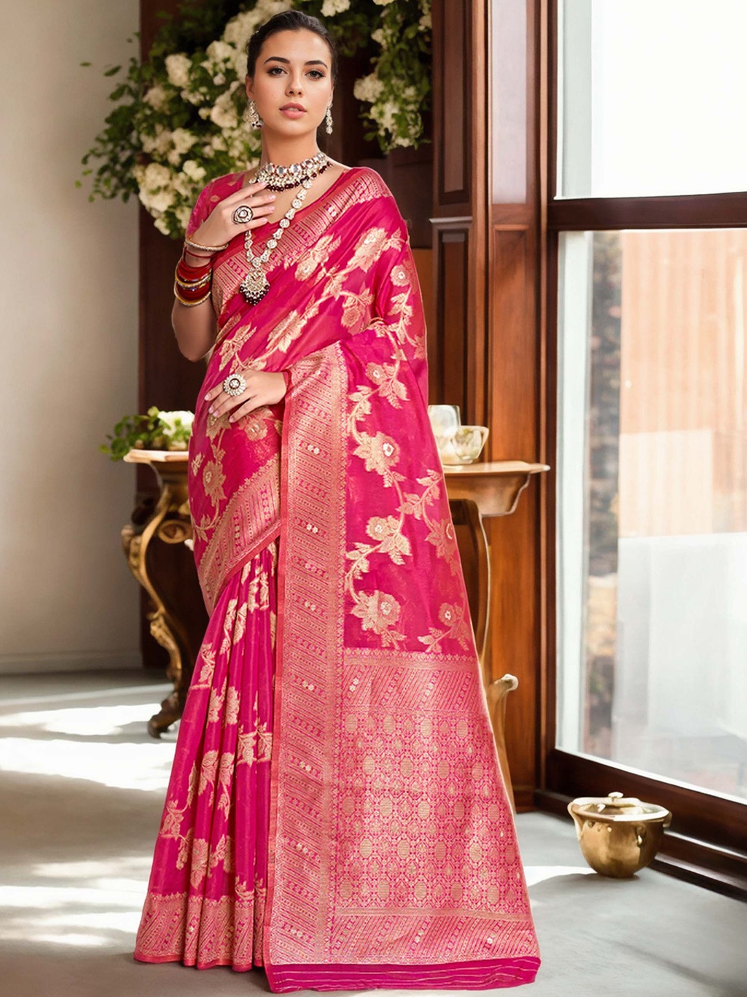 

Anouk Ethnic Motifs Zari Organza Banarasi Saree, Pink