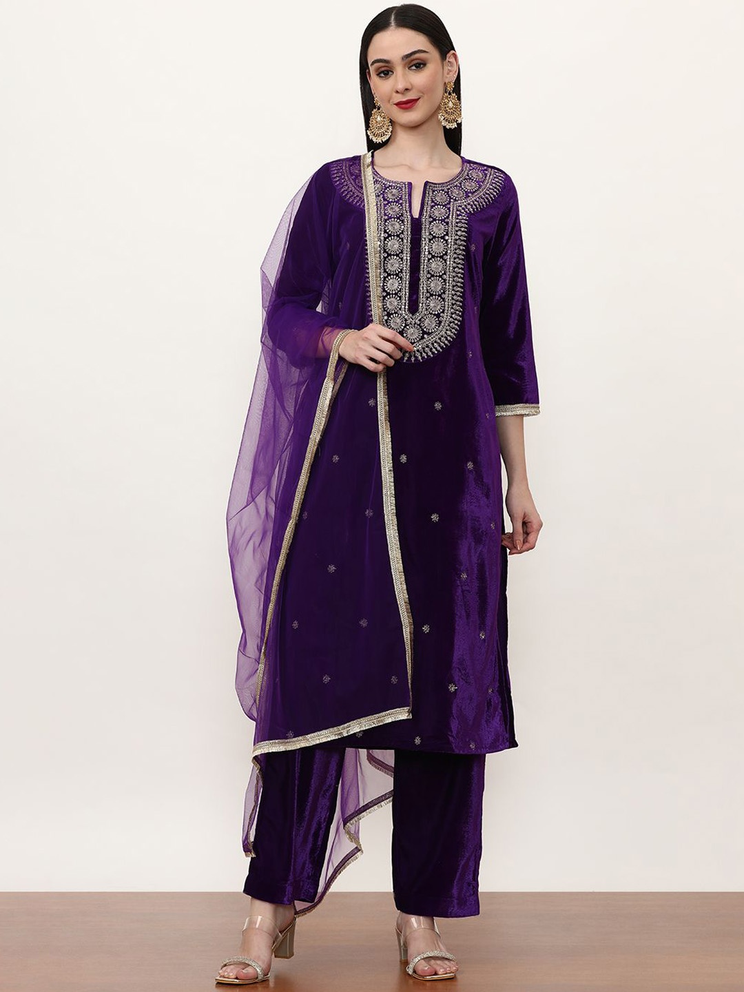 

Jaipur Kurti Floral Embroidered Zari Velvet Straight Kurta with Trouser & Dupatta, Purple