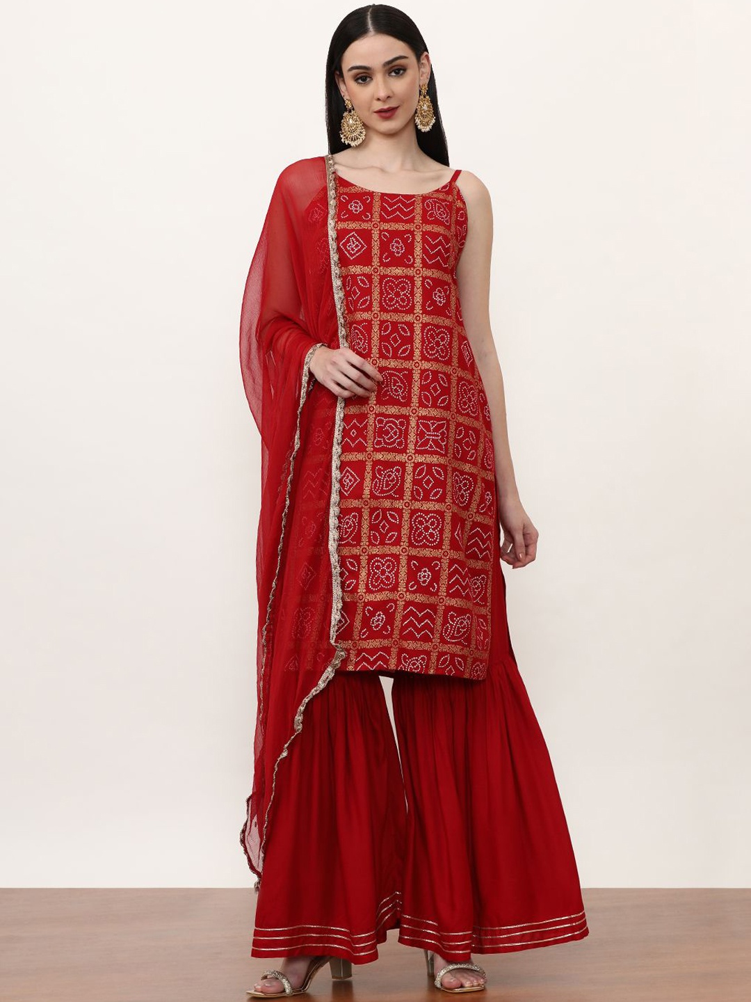 

Jaipur Kurti Geometric Printed Regular Gotta Patti Straight Kurta with Sharara & Dupatta, Red