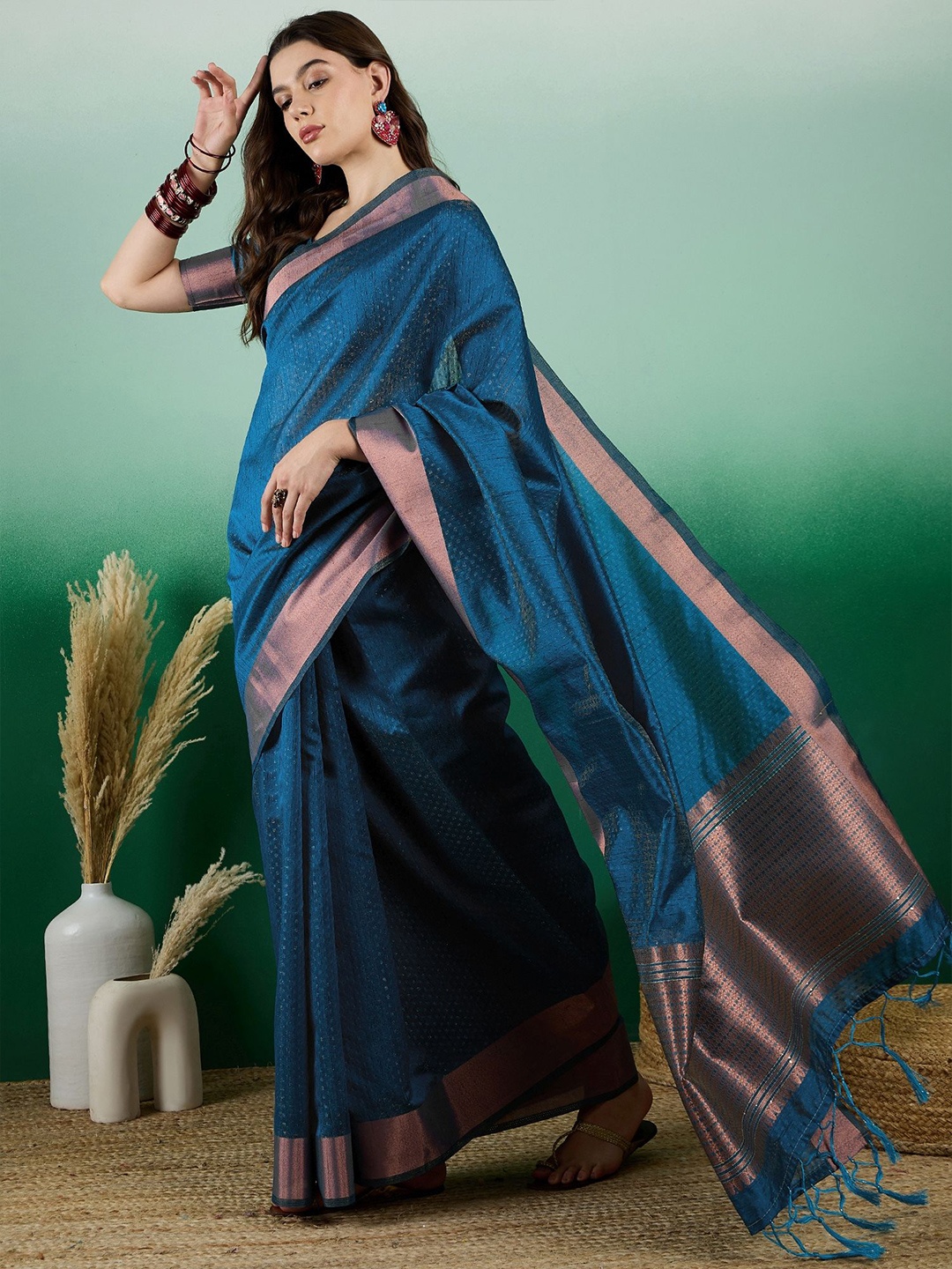 

Kalista Woven Design Zari Organza Saree, Teal