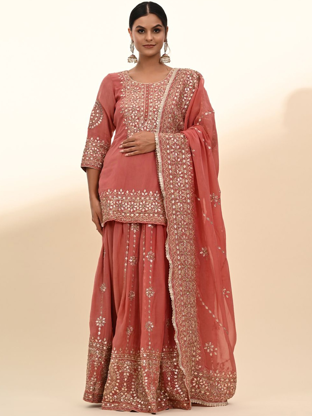 

ZARIKALI Women Embroidered Regular Beads and Stones Kurti with Skirt & With Dupatta, Peach