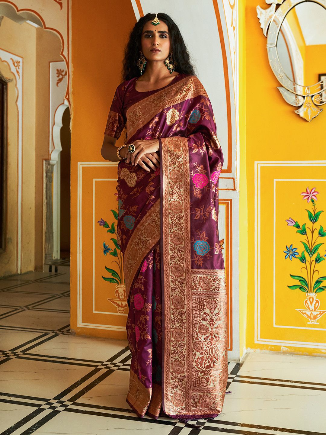 

KALINI Wine Banarasi Silk Ethnic Motifs Saree with Unstitched Blouse Piece, Purple