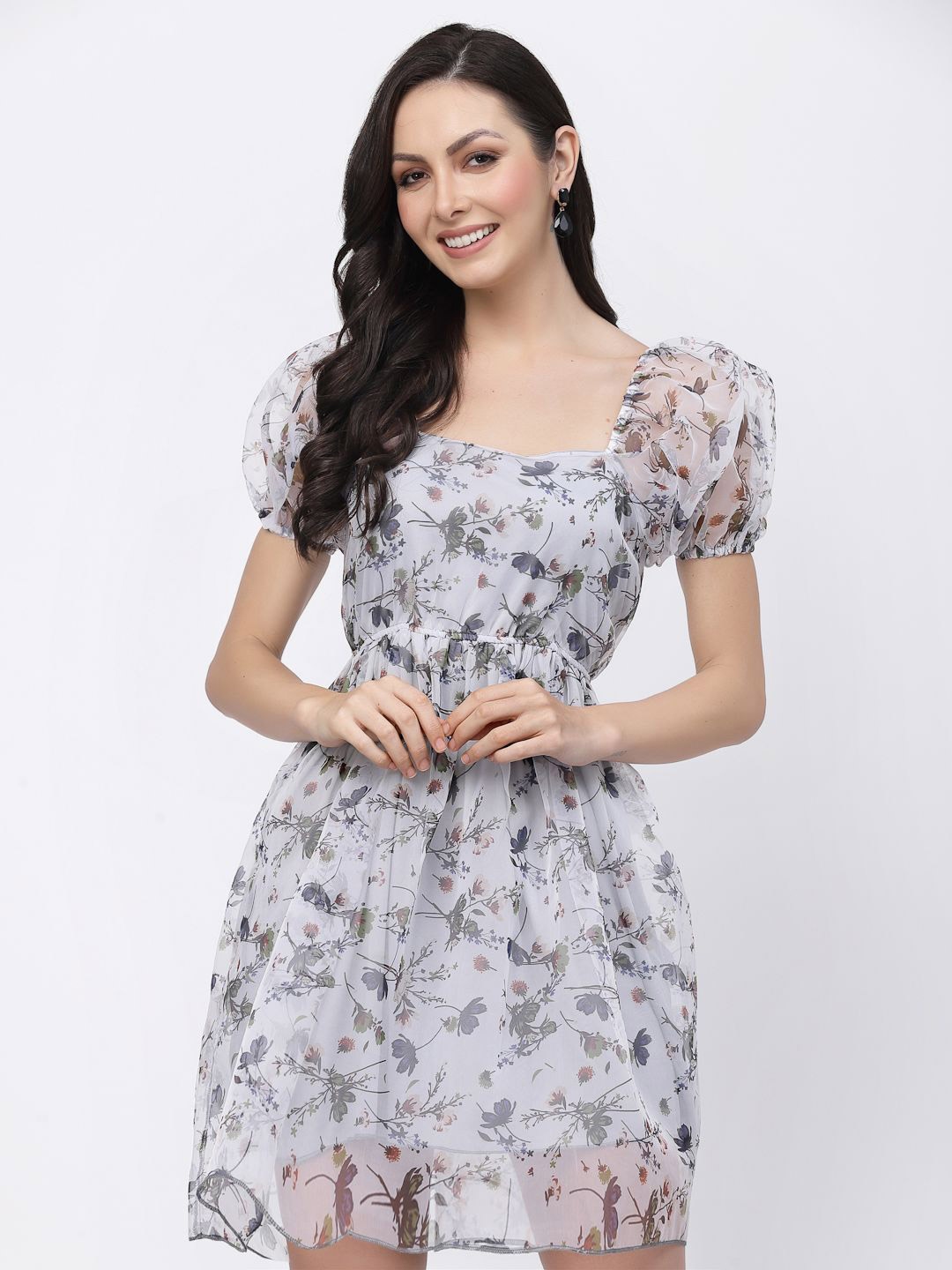 

Fabway Clothing Floral Print Puff Sleeve Fit & Flare Dress, Grey