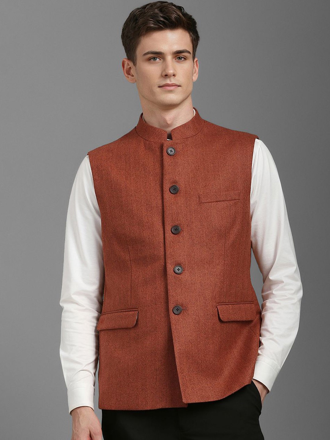 

Louis Philippe Wool Nehru Jacket, Rust