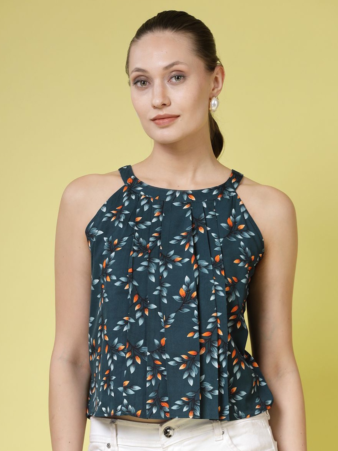 

BEING NAUGHTY Women Floral Printed Halter Neck Sleeveless Crop Top, Green