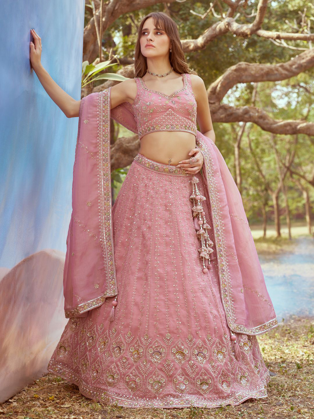 

panchhi Embellished Beads & Stones Semi-Stitched Lehenga & Unstitched Blouse With Dupatta, Coral