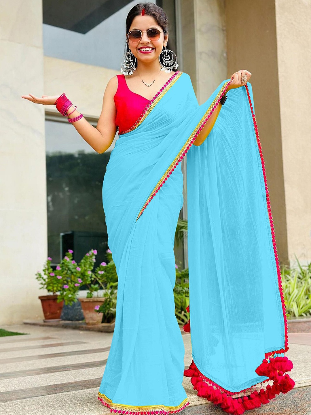 

APNISHA Women Embroidered Saree With Blouse Piece, Turquoise blue