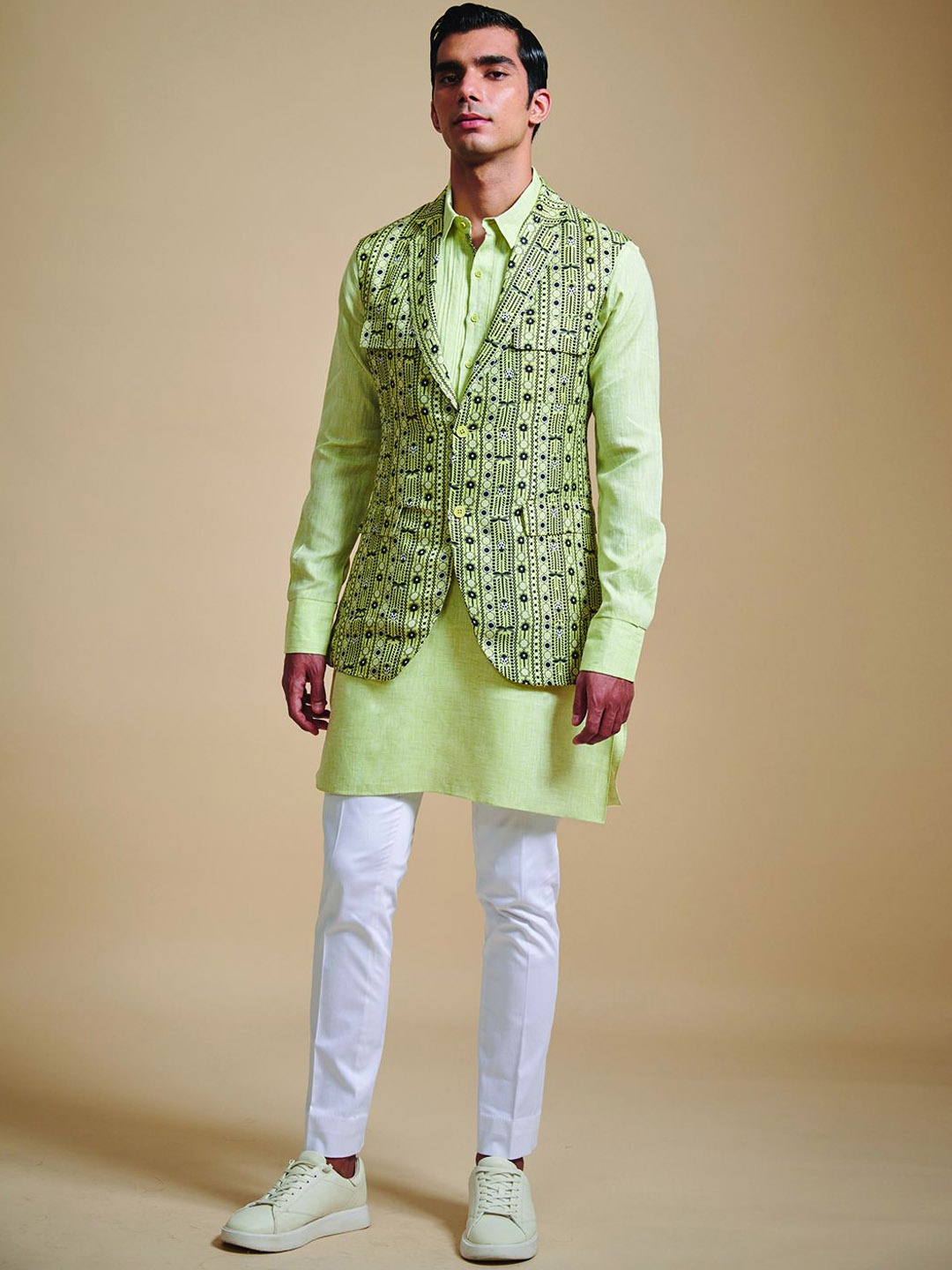 

RR Blue Printed Longline Nehru Jacket, Green