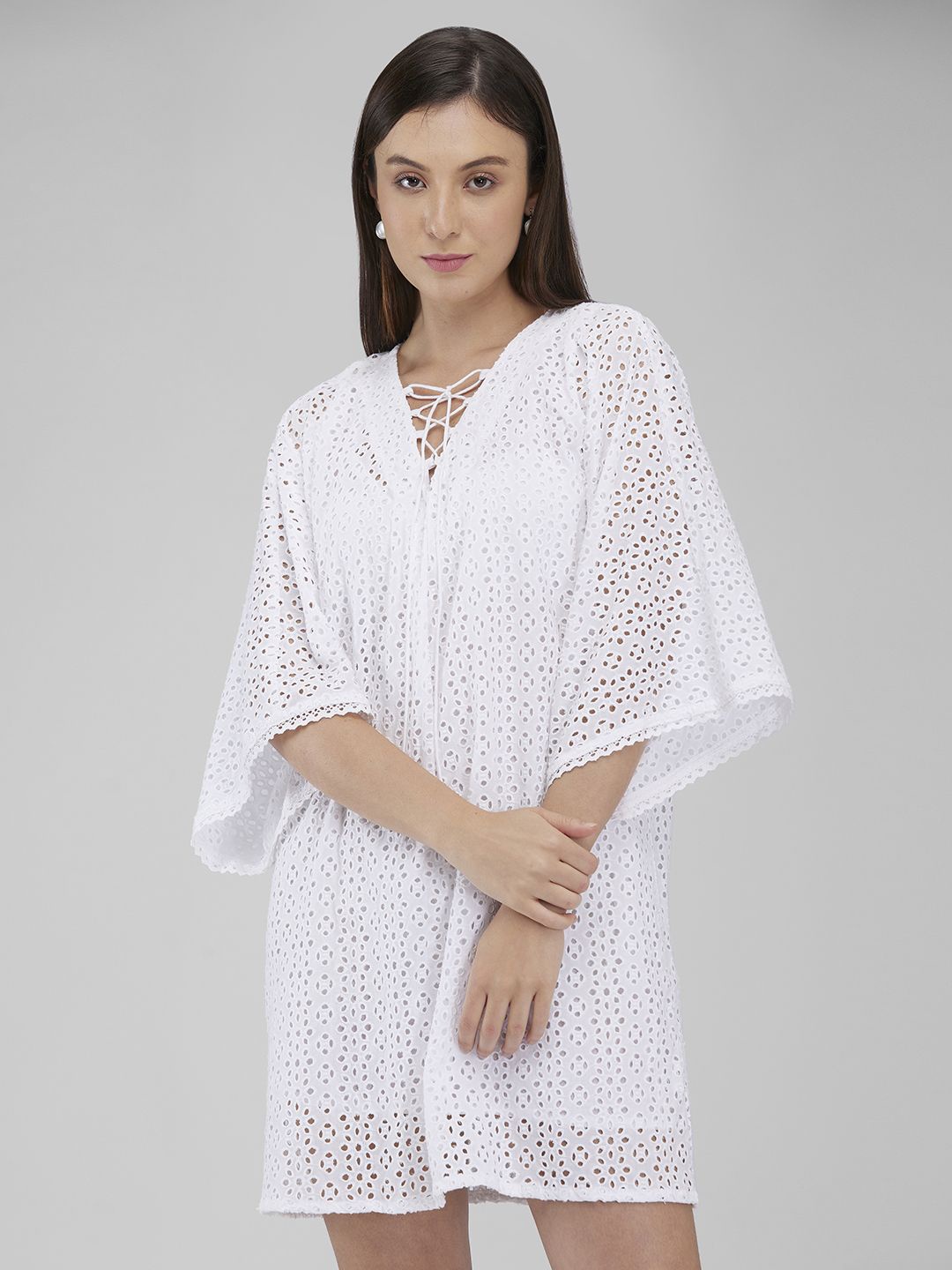 

IZEL Women Embroidered Tie-Up Neck Bell Sleeve SchiffliA-Line Dress, White