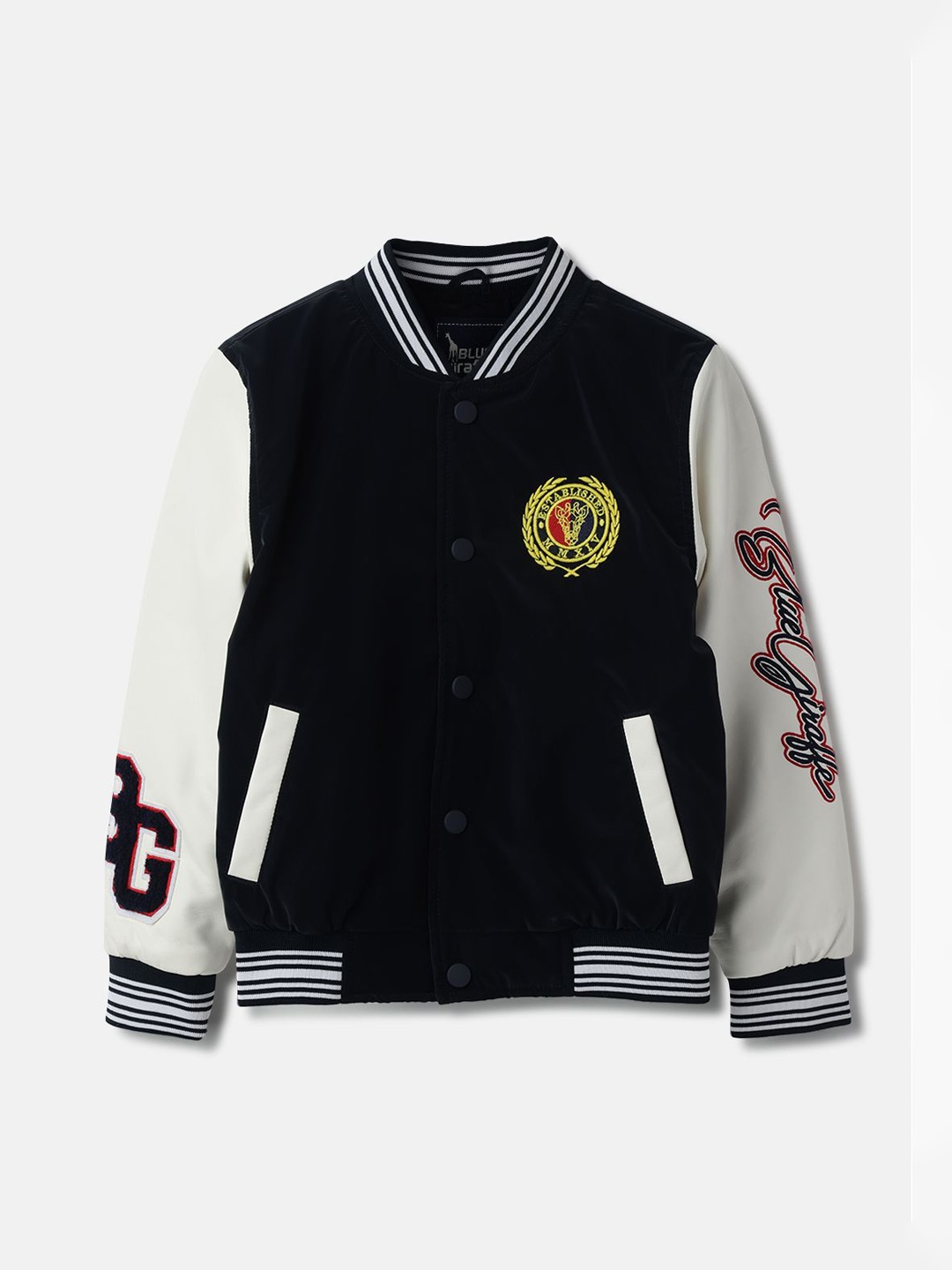 

Blue Giraffe Boys Colourblocked Varsity Jacket with Patchwork, Navy blue