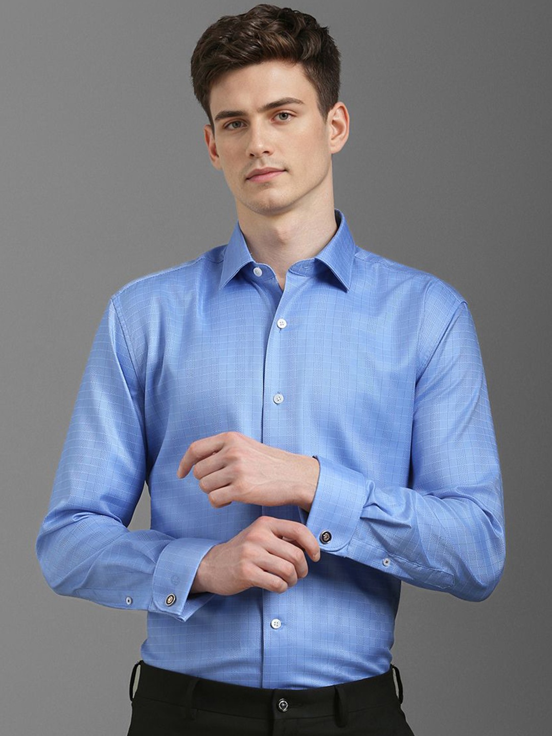 

Luxure by Louis Philippe Men Spread Collar Checked Cotton Formal Shirt, Blue