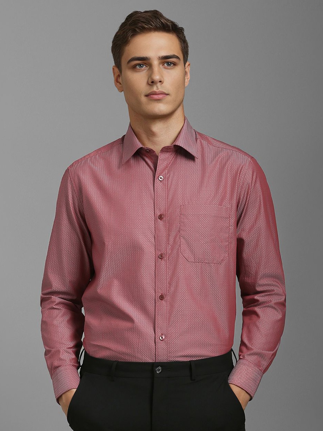 

Louis Philippe Men Spread Collar Textured Cotton Formal Shirt, Maroon
