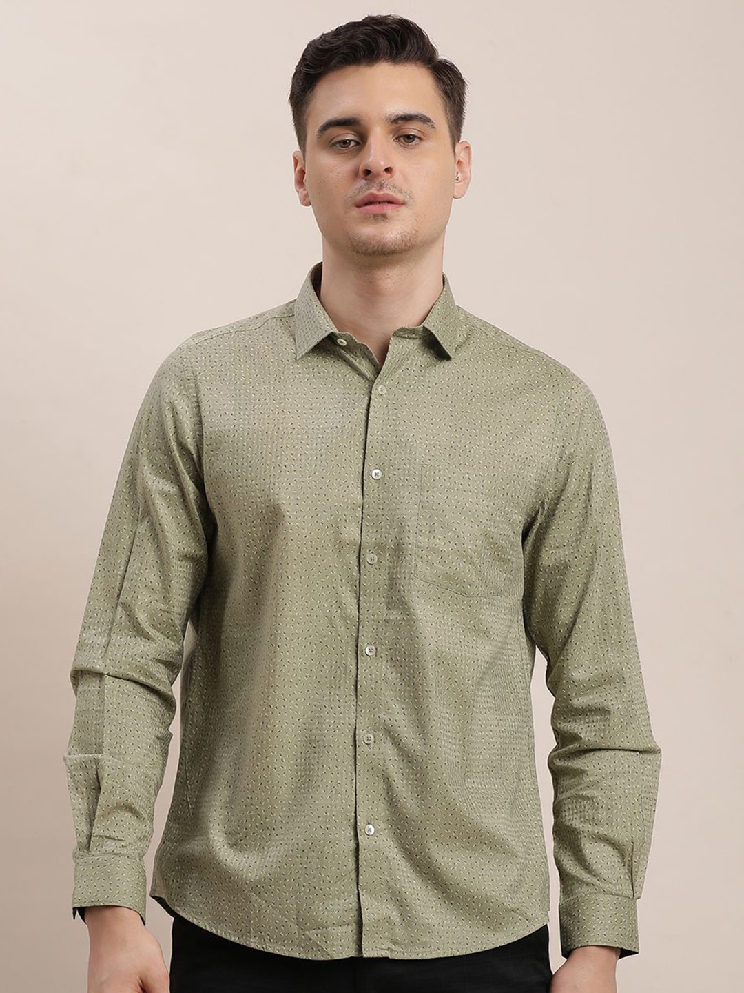 

Turtle Men Standard Fit Spread Collar Micro Ditsy Printed Cotton Casual Shirt, Olive