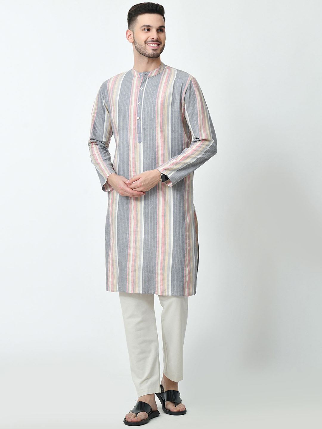 

ALL WAYS YOU Men Striped Thread Work Kurta, Grey