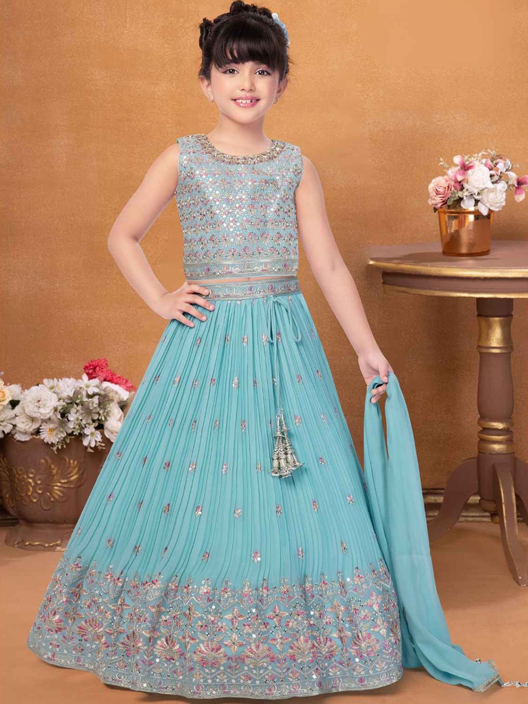 

Lagorii Girls Embroidered Sequinned Ready to Wear Lehenga & Blouse With Dupatta, Blue