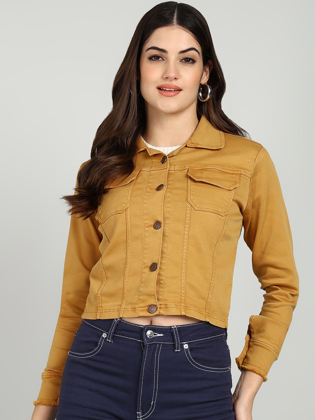 

Nifty Women Spread Collar Solid Cotton Casual Denim Jacket, Mustard