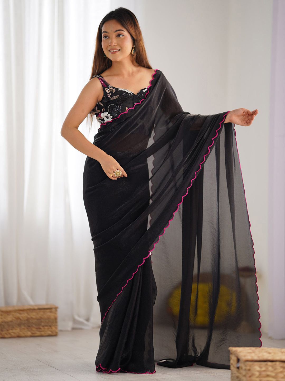 

Anouk Women Embroidered Satin Silk Saree, Black