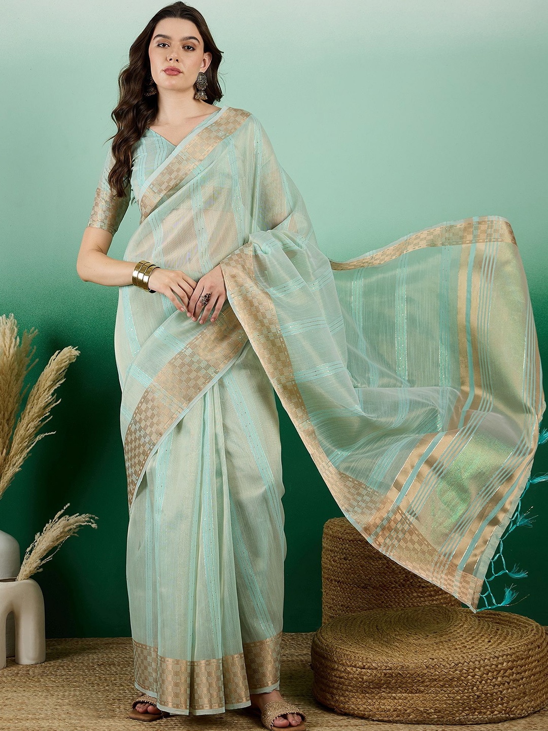 

Kalista Woven Design Zari Organza Saree, Beige