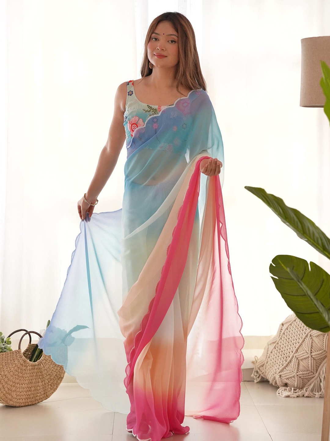 

Kalista Ombre Embroidered Pure Georgette Saree, Turquoise blue