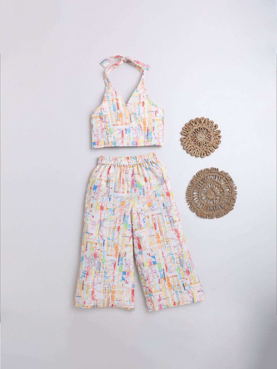 

taffykids Girls Halter Neck Printed Pure Cotton Top with Trousers, White