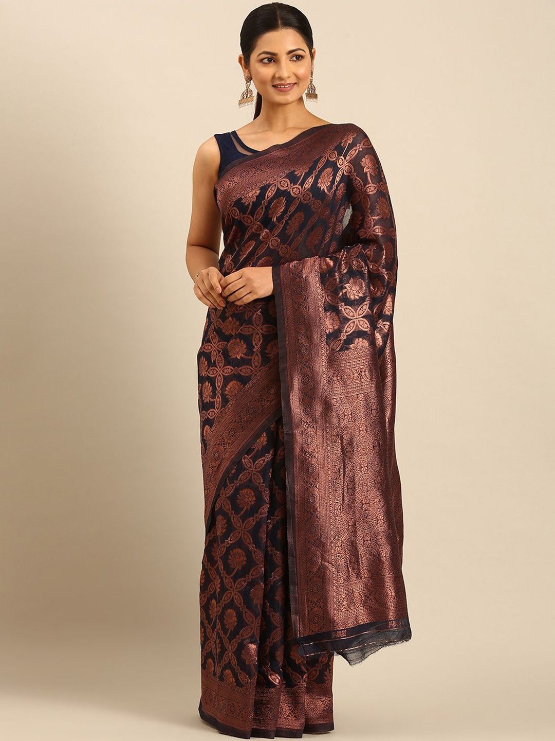 

Panzora Women Ethnic Motifs Zari Saree With Unstitched Blouse Piece, Black