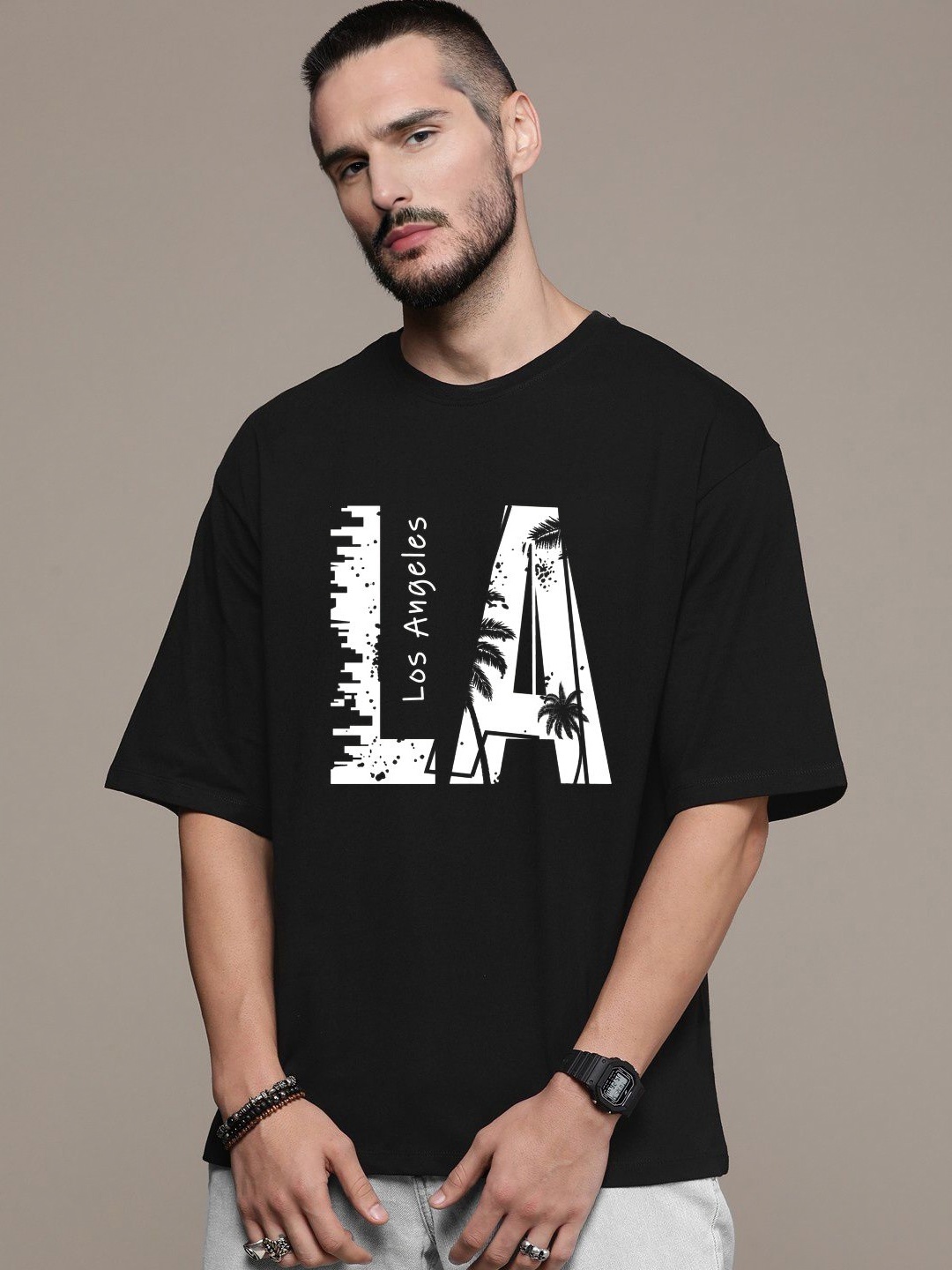 

Manlino Unisex Printed Applique T-shirt, Black