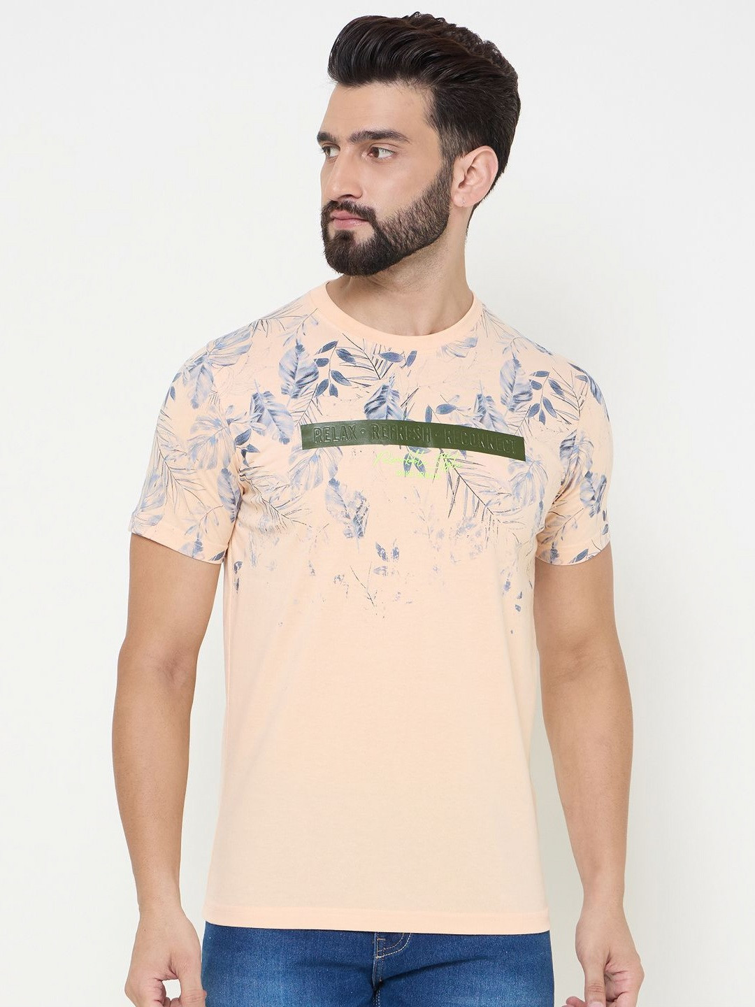 

Duke Men Floral Printed Round Neck Cotton T-shirt, Peach