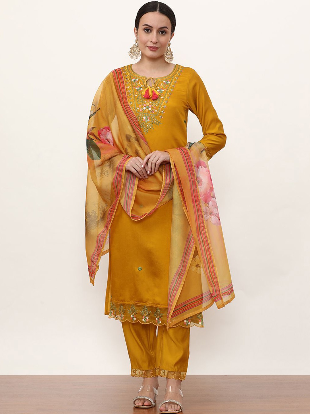 

Jaipur Kurti Women Ethnic Motifs Embroidered Regular Kurta with Trousers & With Dupatta, Mustard