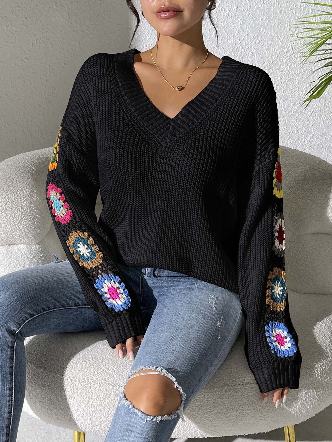 

StyleCast Women Embroidered Pullover with Embroidered Detail, Black