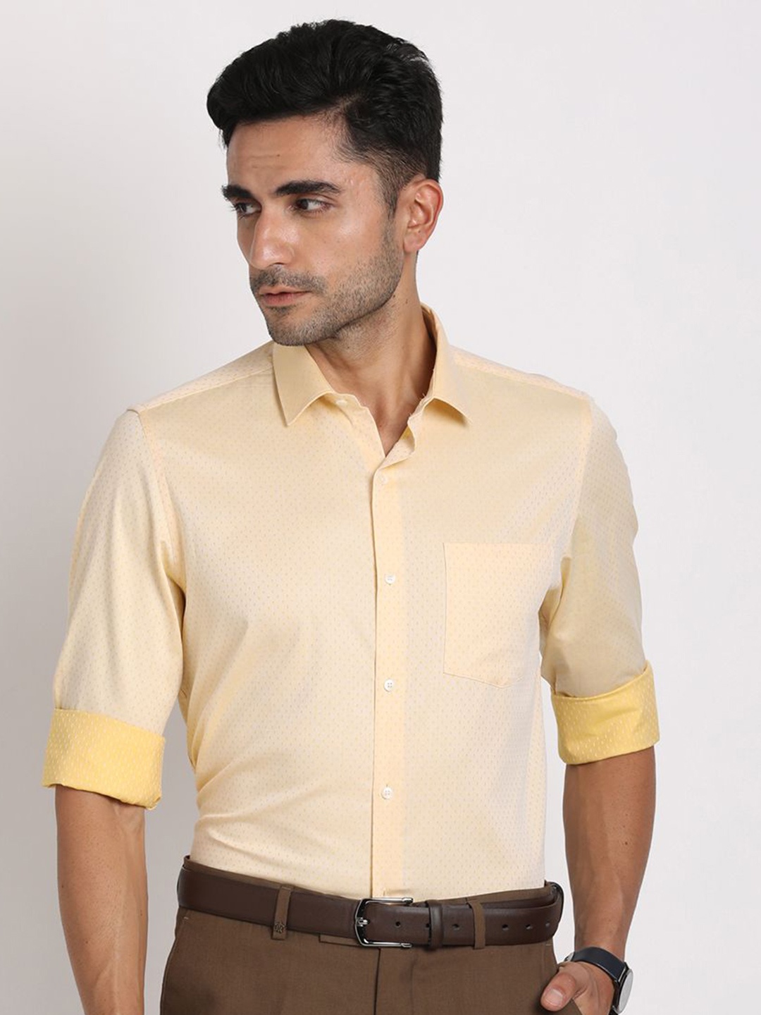 

Turtle Men Standard Spread Collar Textured Cotton Formal Shirt, Yellow