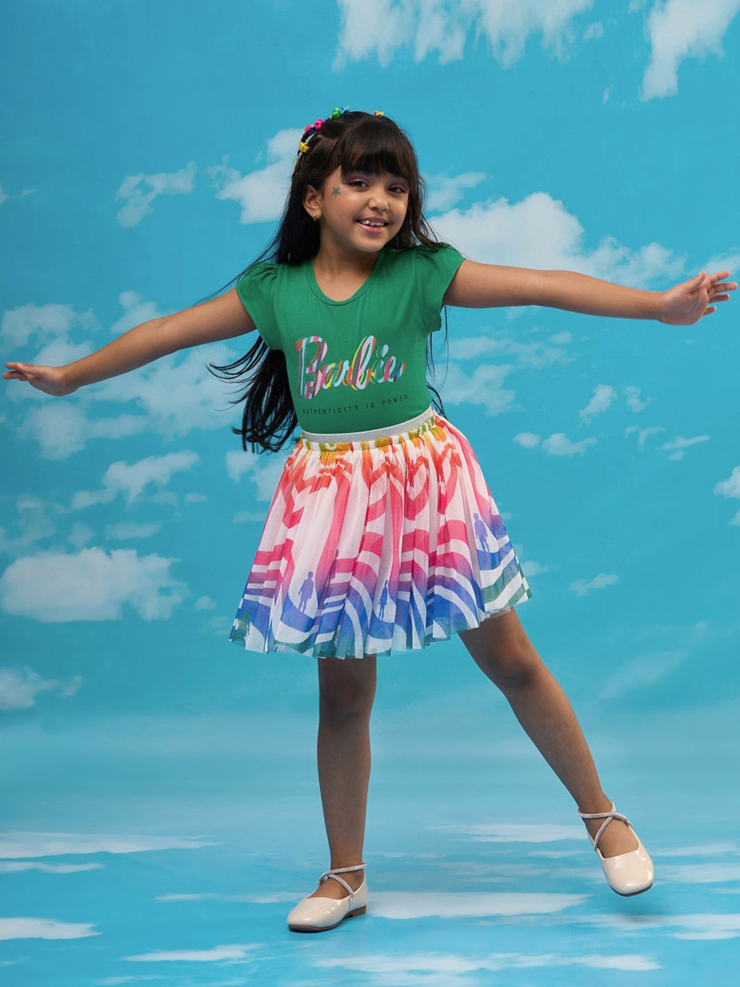 

LIL DRAMA Girls Printed Pure Cotton T-shirt with Skirt, Green