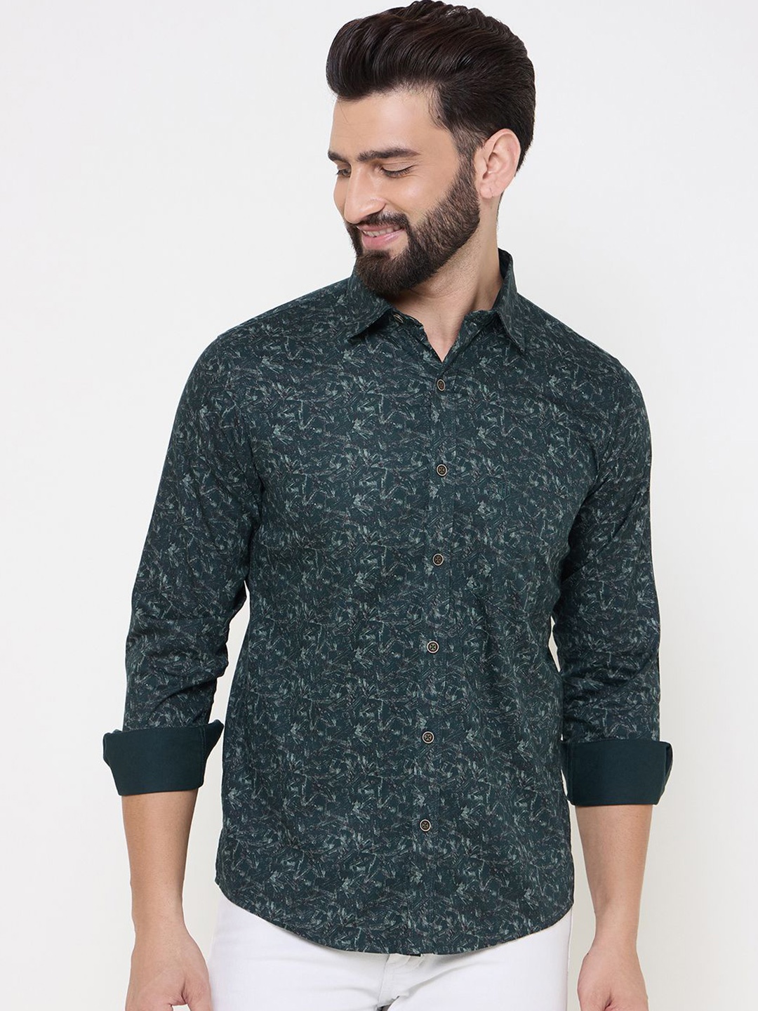 

Duke Men Spread Collar Floral Printed Cotton Slim Fit Casual Shirt, Green