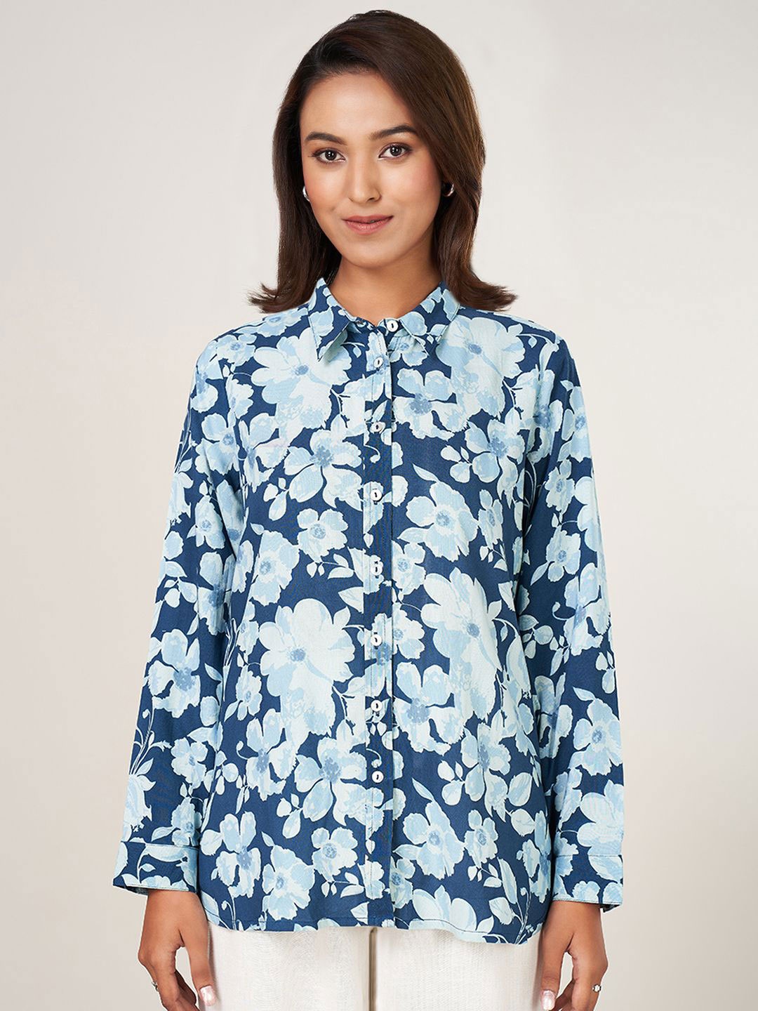 

AKKRITI BY PANTALOONS Women Floral Printed Spread Collar Shirt, Blue