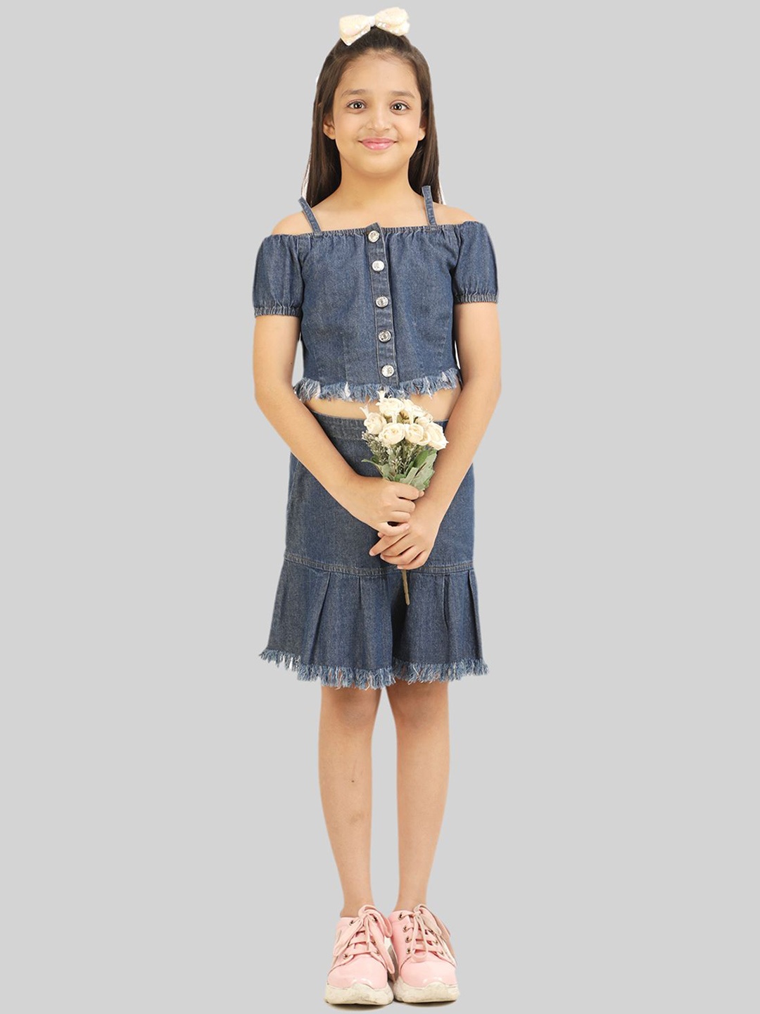 

BEING NAUGHTY Girls Off Shoulder Neck Short Sleeves Pure Cotton Top With Skirt, Blue