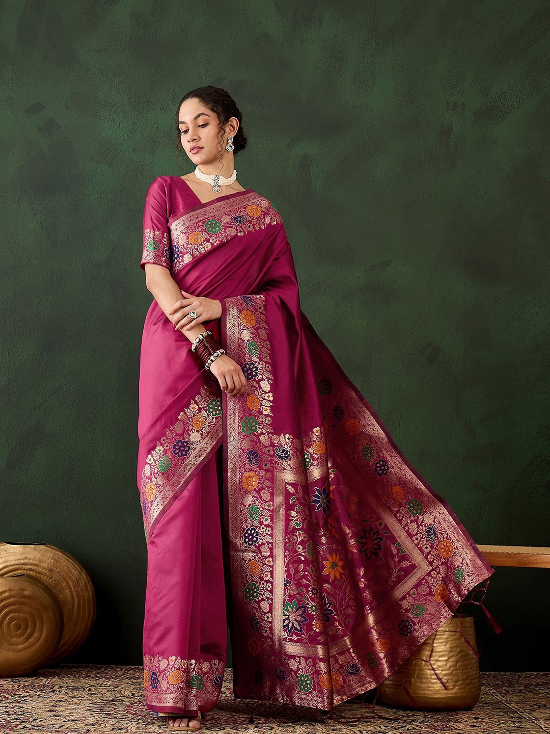 

Kalista Zari Silk Blend Saree, Pink