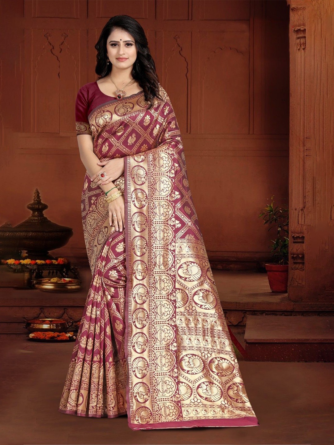

KALINI Woven Design Zari Silk Blend Kanjeevaram Saree, Maroon