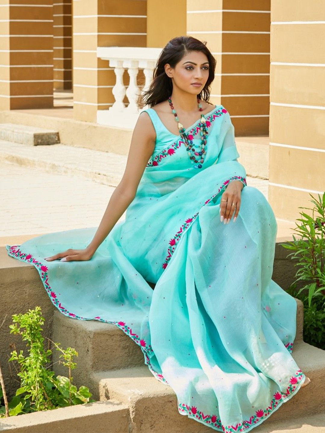 

House of Deepthi Floral Embroidered Organza Saree, Turquoise blue