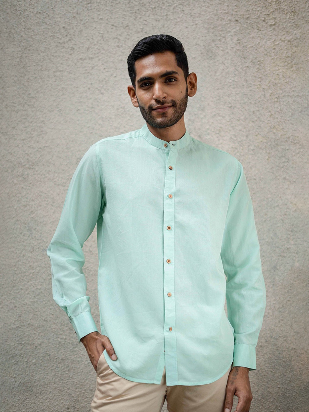 

Earthy Route Men Comfort Band Collar Solid Casual Shirt, Sea green