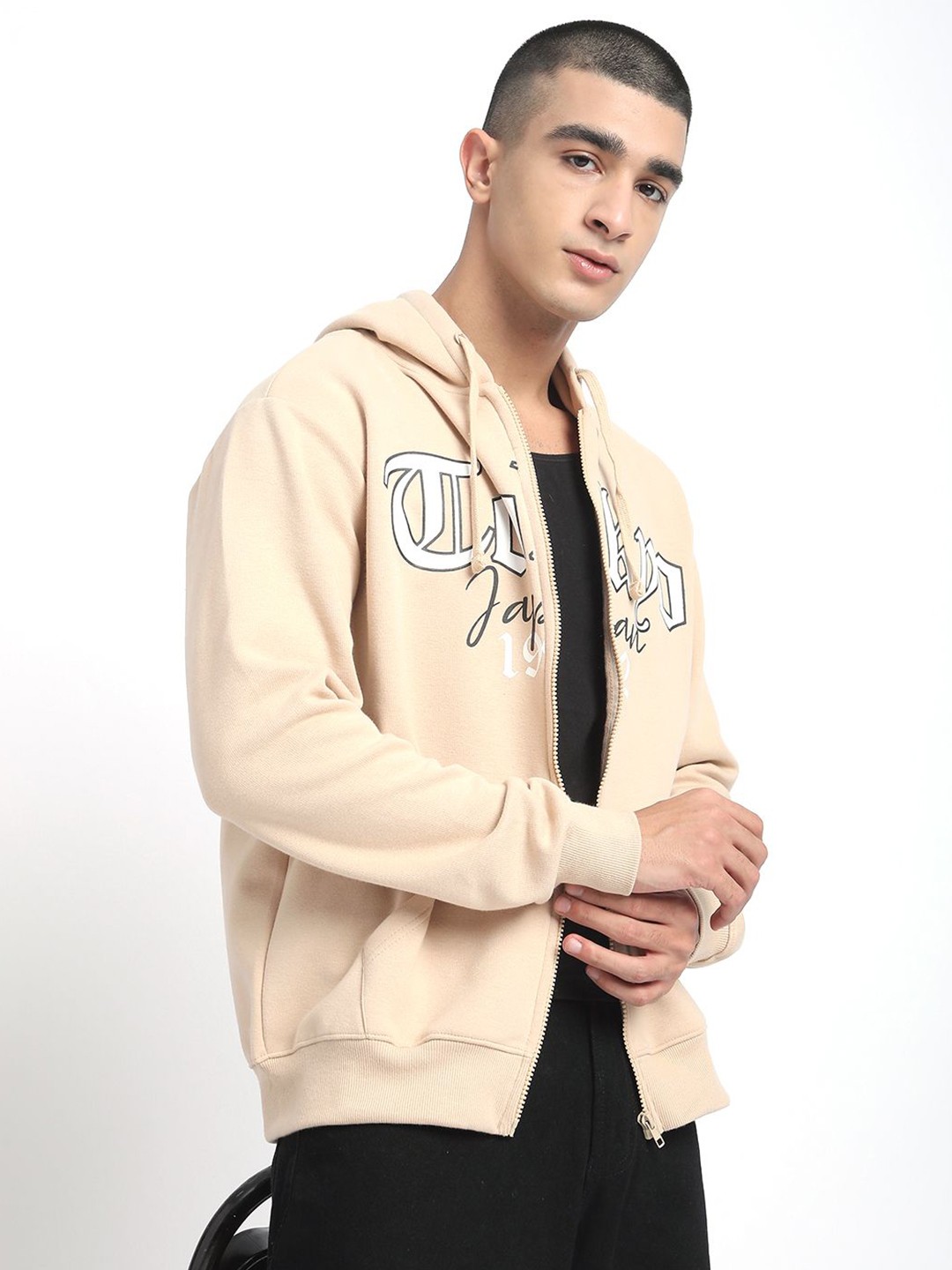 

R&B Men Printed Cotton Hooded Sweatshirt, Beige