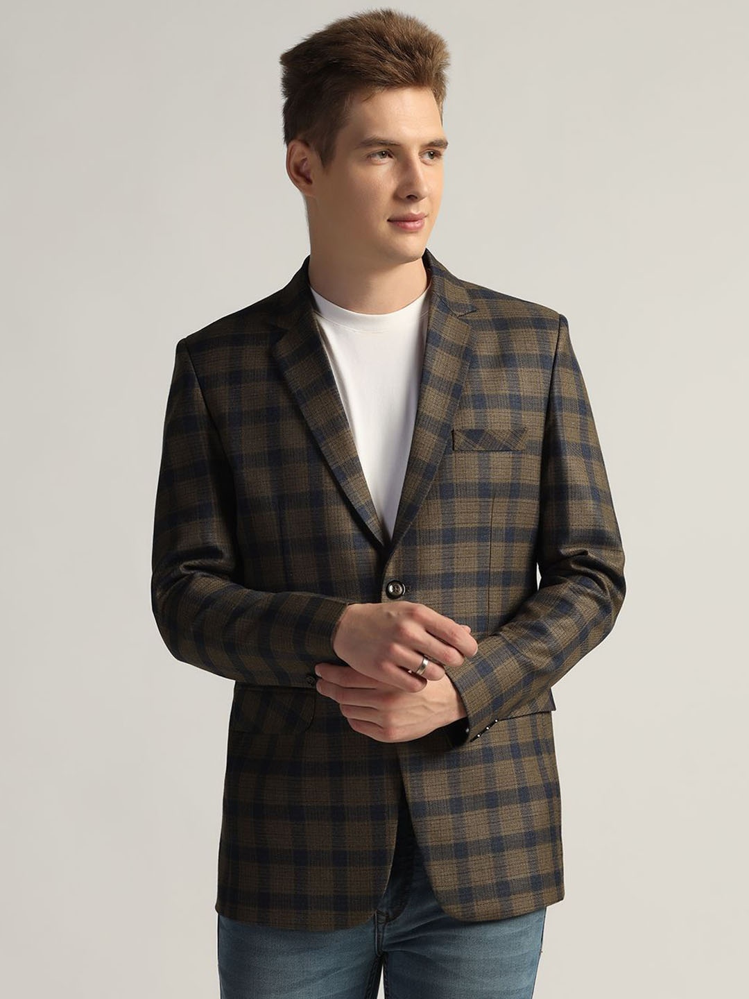 

TAHVO Checked Single-Breasted Blazer, Brown