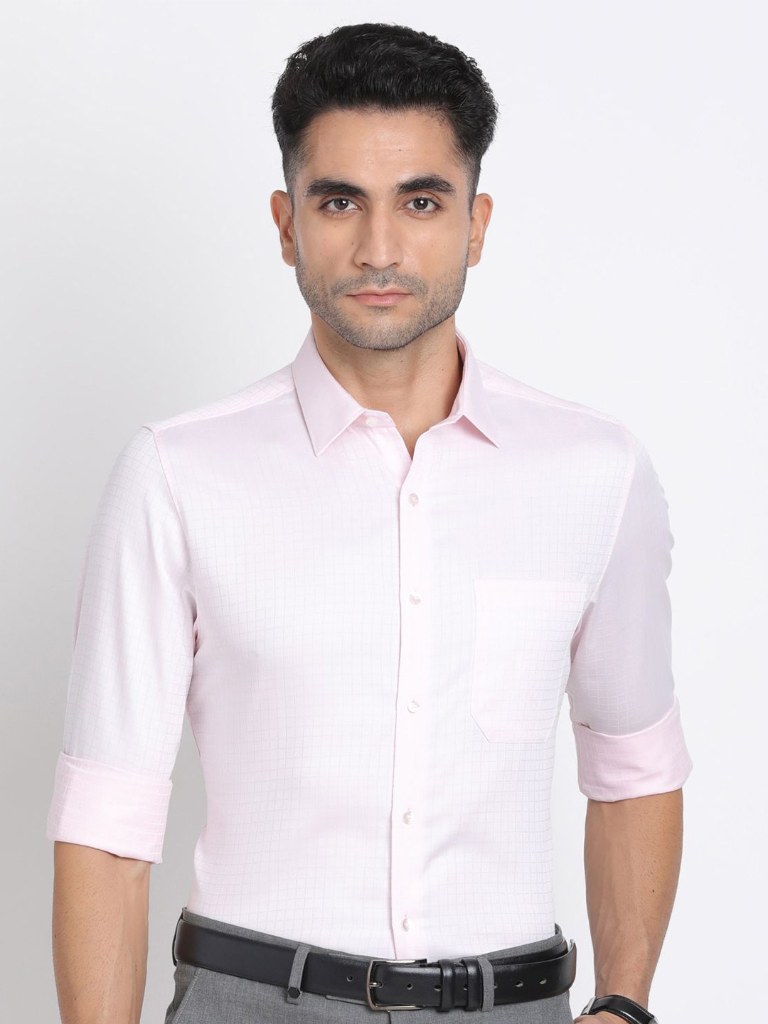 

Turtle Men Standard Spread Collar Micro Checked Cotton Formal Shirt, Pink