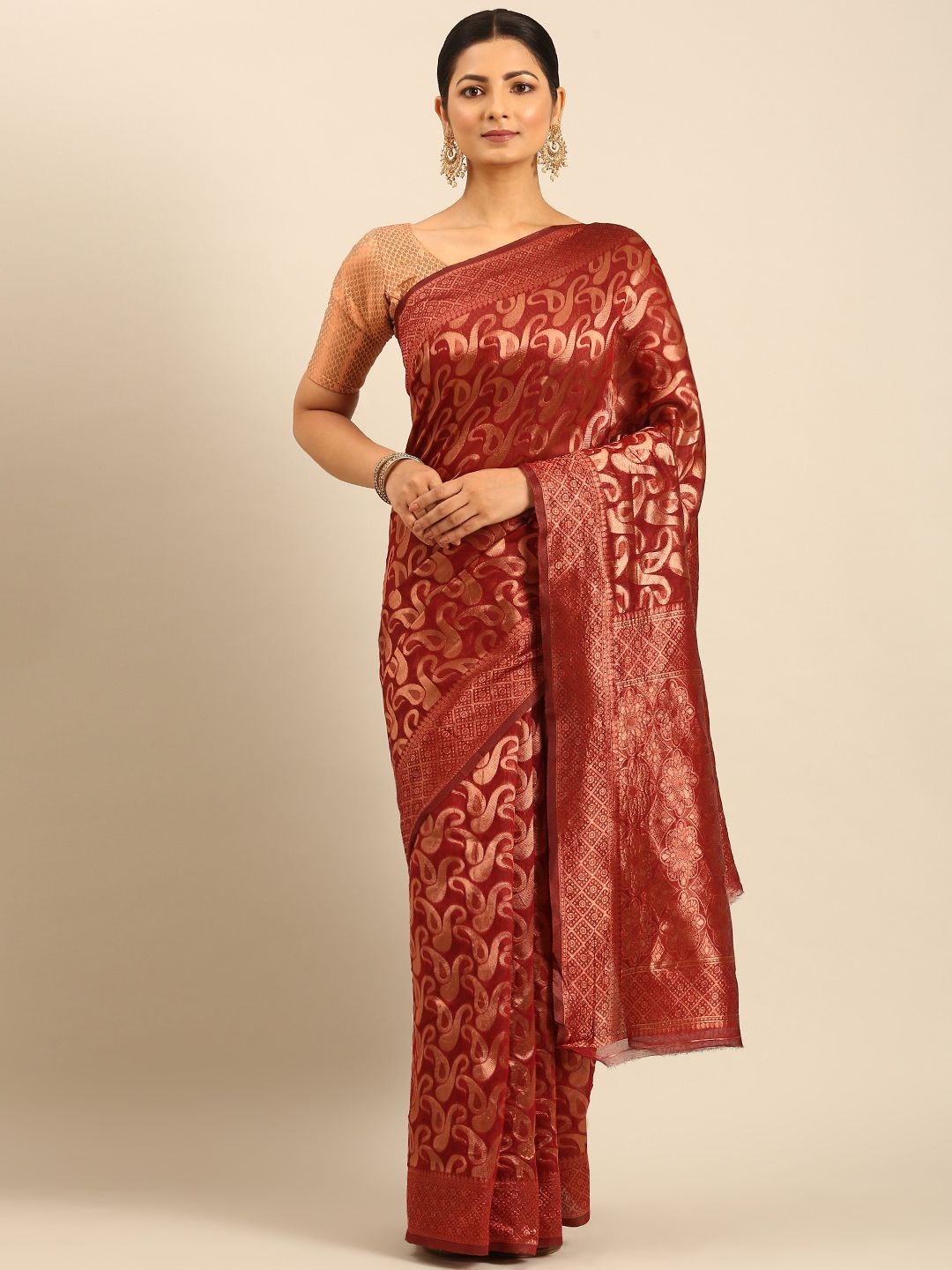 

Panzora Woven Design Zari Saree With Blouse Piece, Red