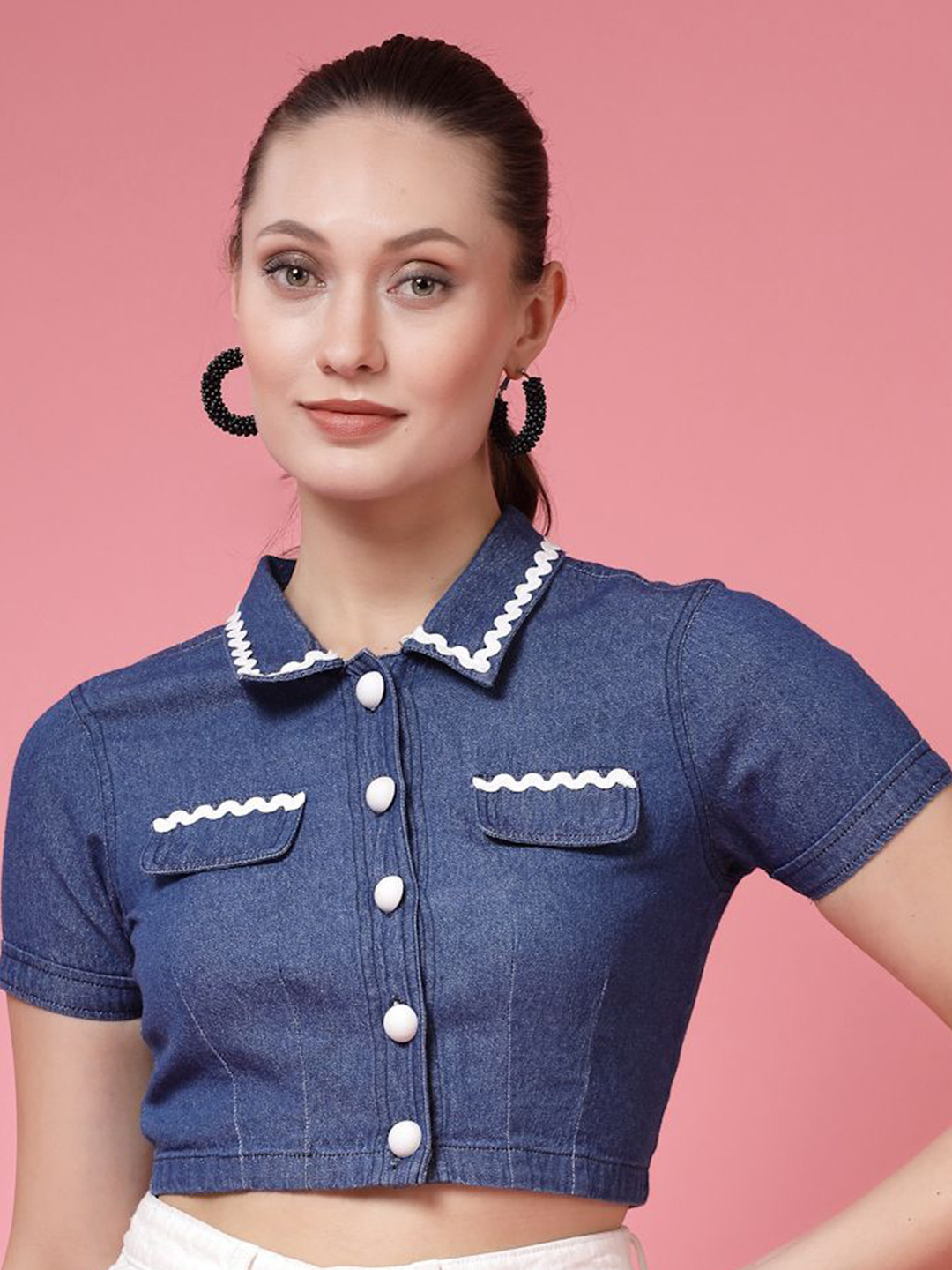 

BEING NAUGHTY Women Pure Cotton Shirt Style Crop Top, Blue